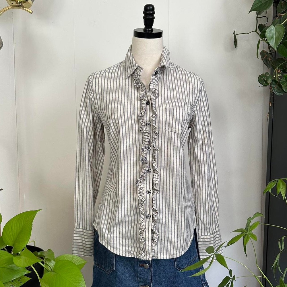 Tommy Hilfiger Womens Navy White Striped Ruffle Front Button Up Shirt Small